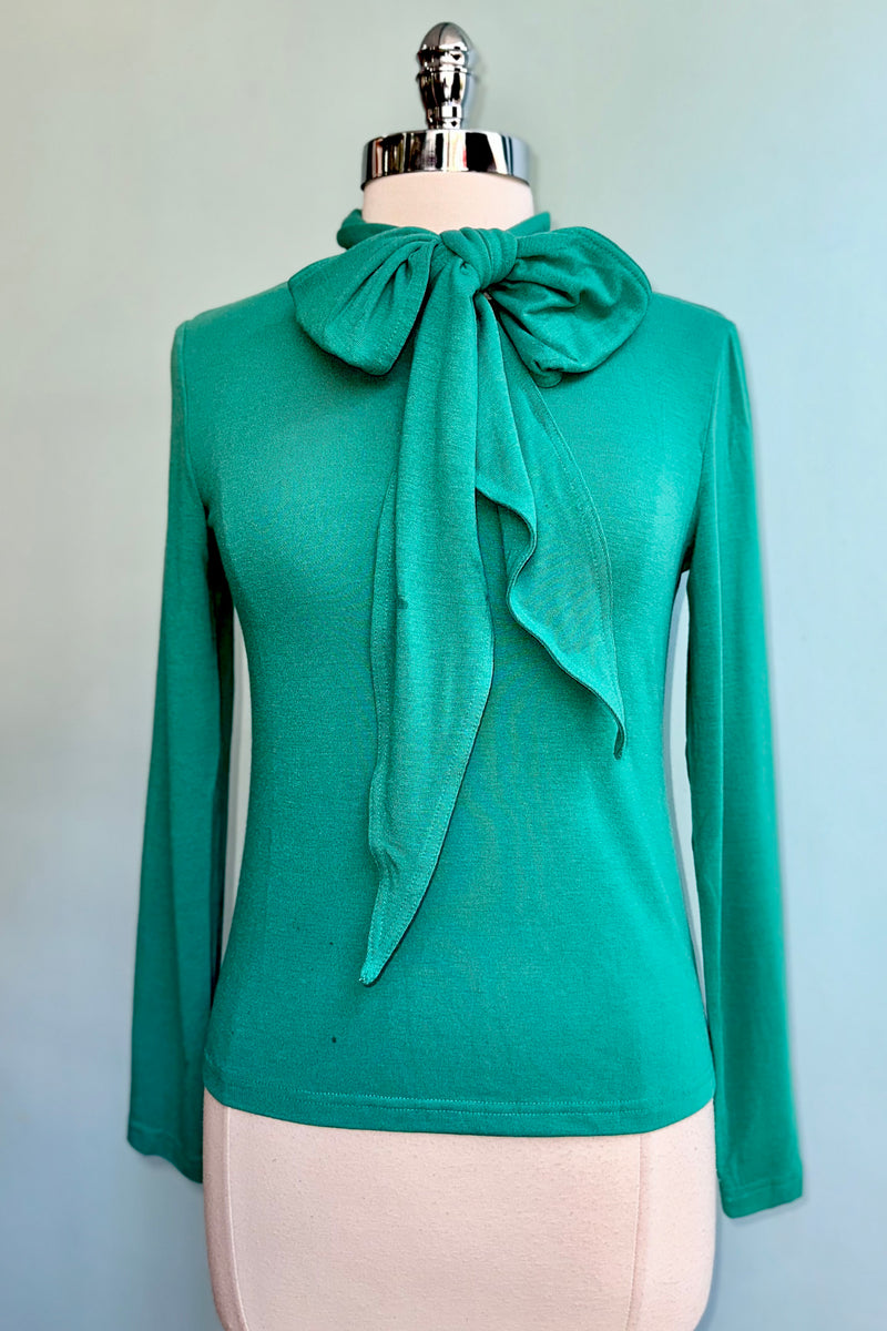 Teal Green Long Sleeve Tie Neck Jersey Top by Compania Fantastica