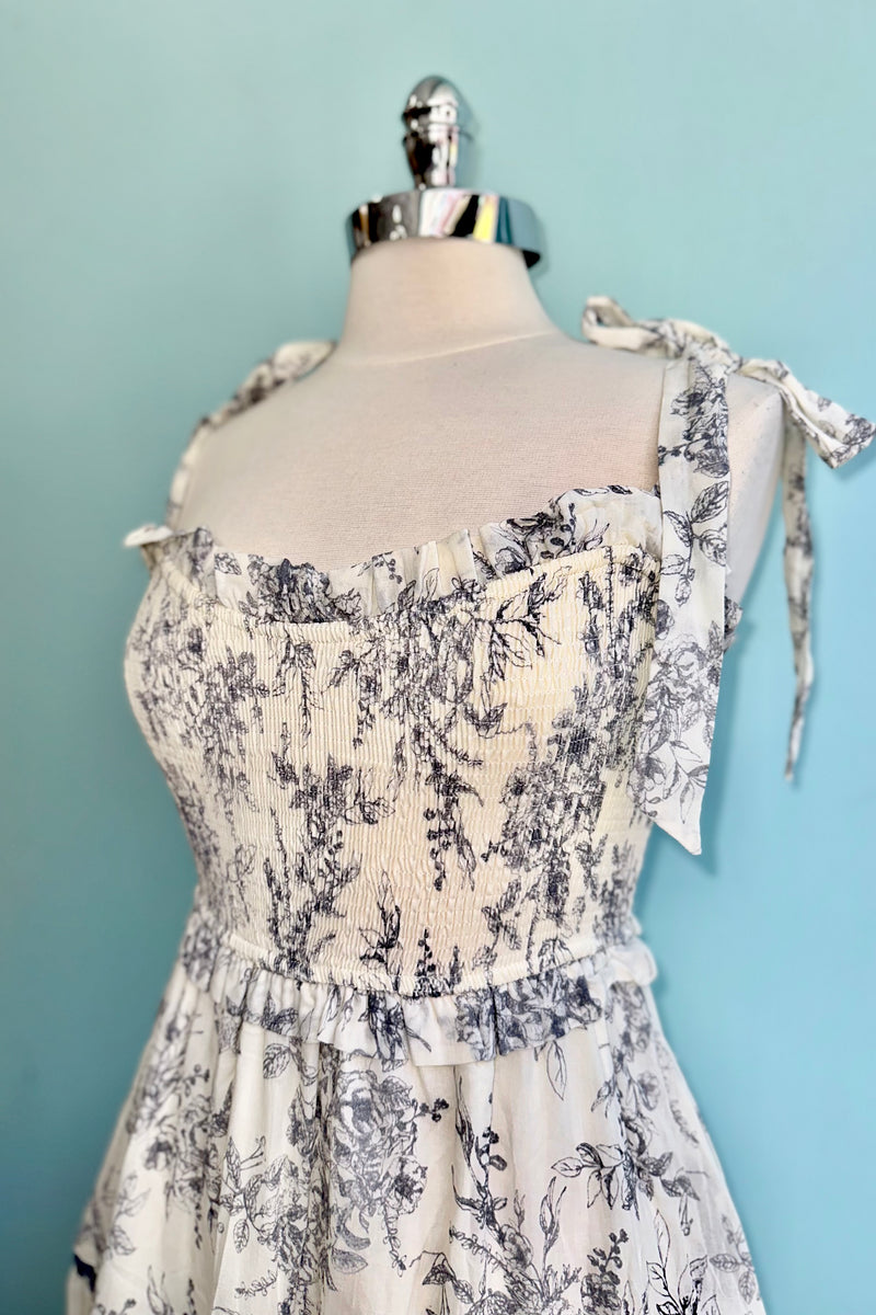 Charcoal and White Toile Smocked Midi Dress