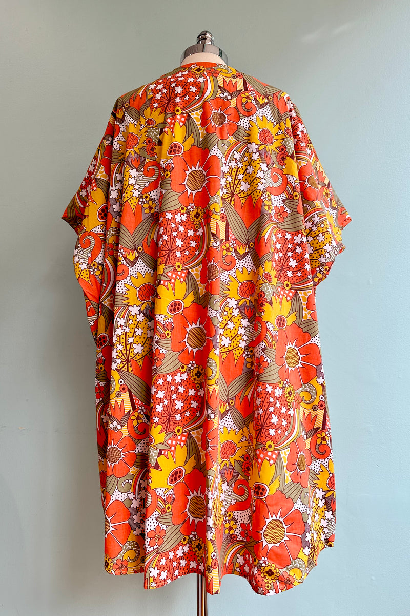 Orange and Olive Mod Floral  Woven Midi Caftan by Blue Platypus