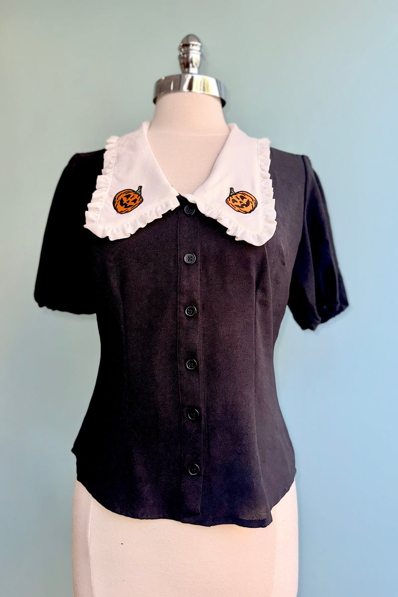 Pumpkin Embroidered Oversized Collar Blouse