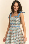 Cat Faces Tie Shoulder Smocked Midi Dress