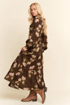 Brown Floral Long Sleeve Midi Dress