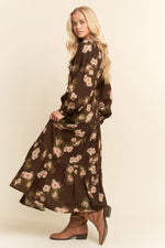 Brown Floral Long Sleeve Midi Dress