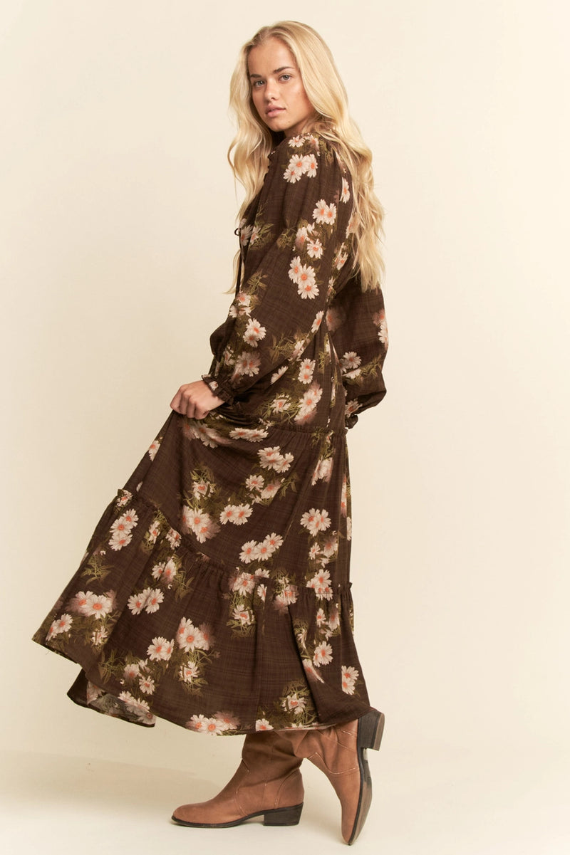 Brown Floral Long Sleeve Midi Dress