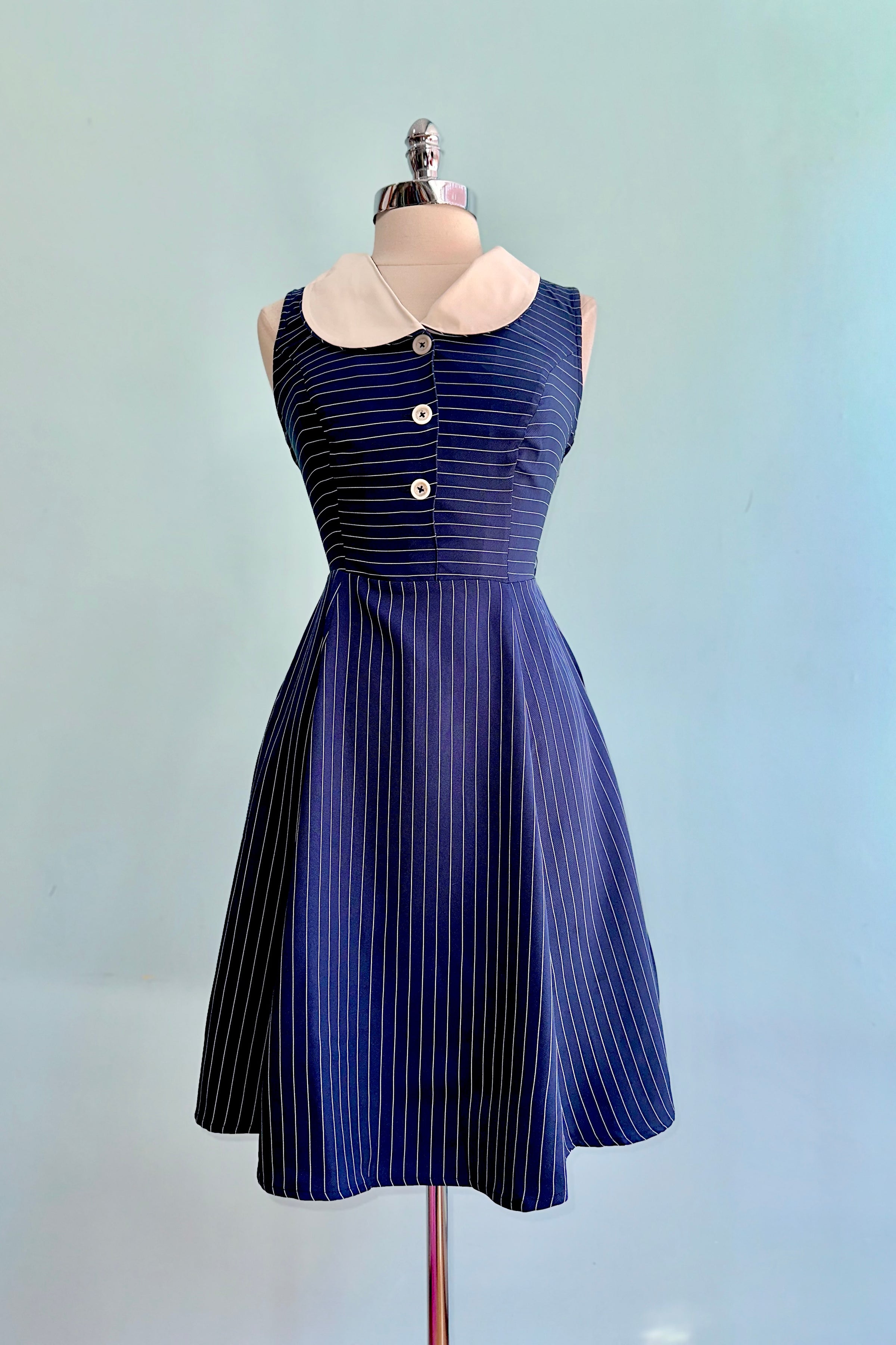 Knee Length Navy Pinstripe Costello Dress by Hell Bunny Modern Millie Knee Length Navy Pinstripe Costello Dress by Hell Bunny Modern Millie