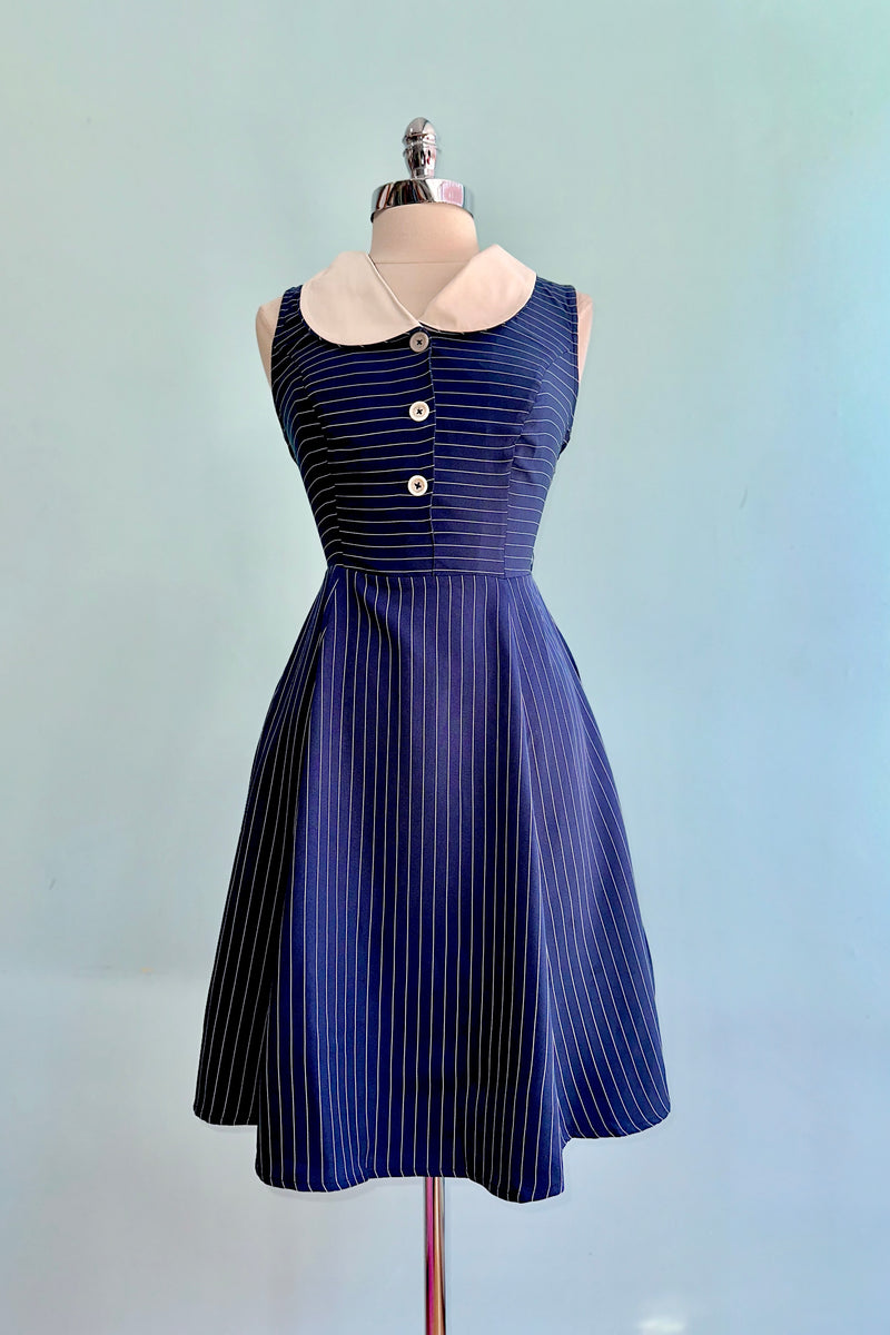 Knee Length Navy Pinstripe Costello Dress by Hell Bunny Modern Millie Knee Length Navy Pinstripe Costello Dress by Hell Bunny Modern Millie