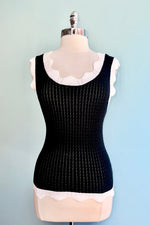 Black and White Scalloped Pointelle Knit Tank Top