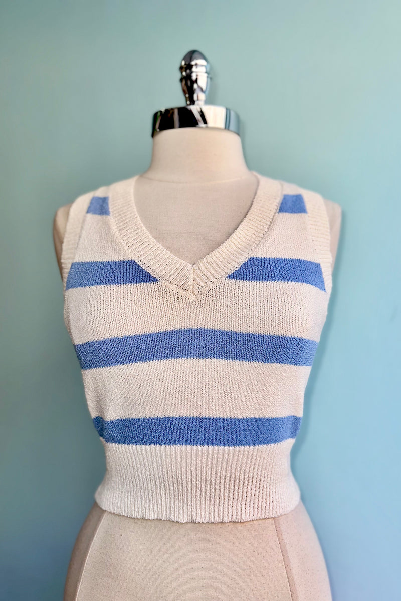 Blue and Ivory Striped Cropped Sweater Vest