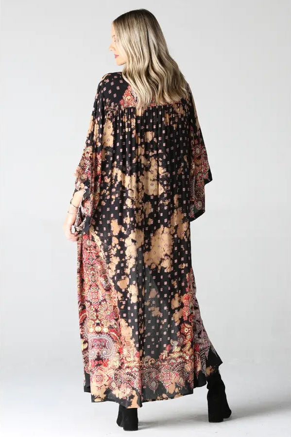 Bleached Tie Dye Printed Duster Top in Black by Angie