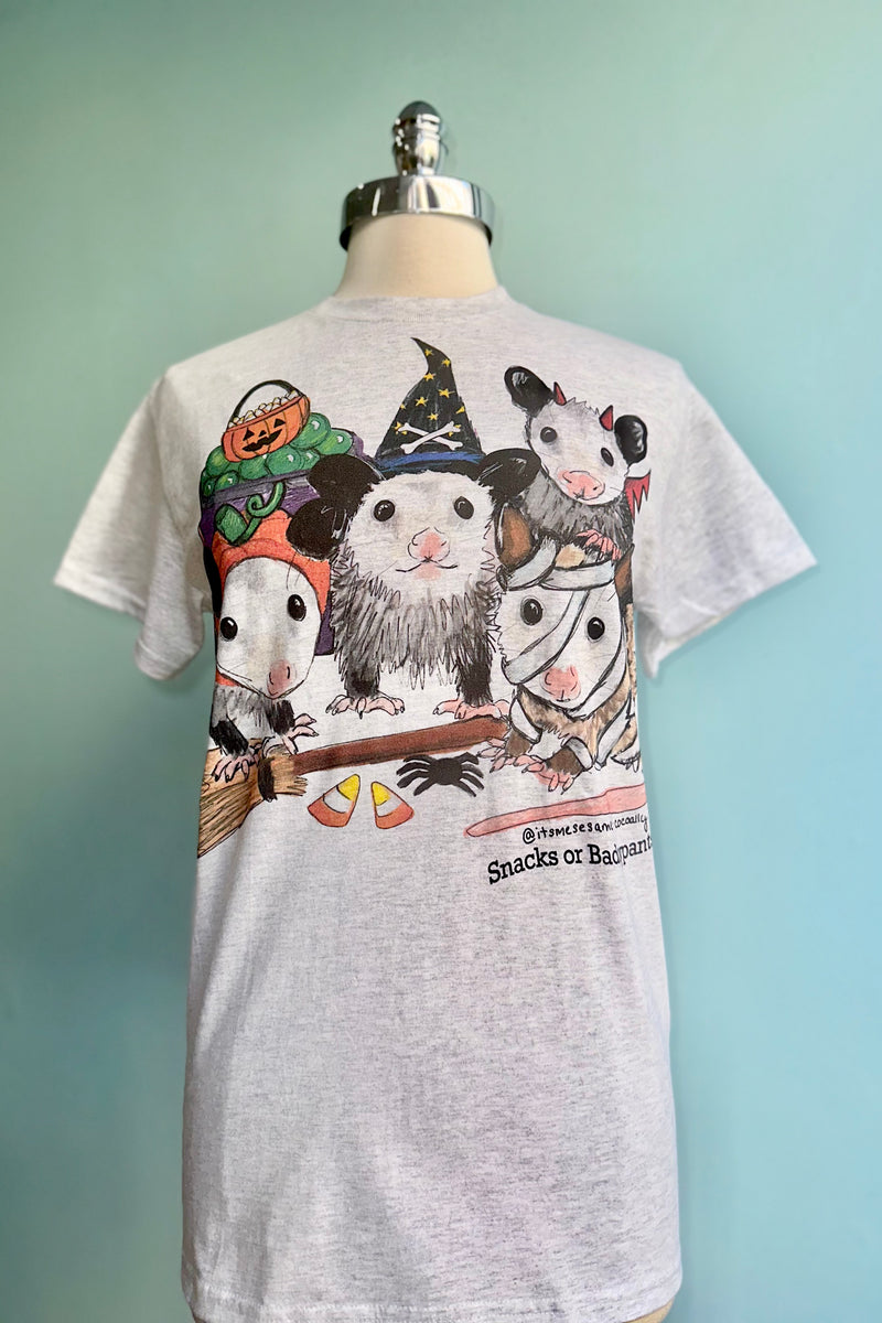 Halloween Possums T-shirt in Grey by Sesame the Opossum
