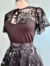 Flocked Spiderweb Flutter Sleeve Top with Brooch