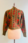 Olive Flower Print Puff Sleeve Cardigan