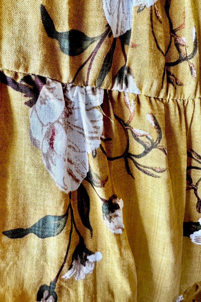 Mustard Floral Puff Sleeve Midi Dress