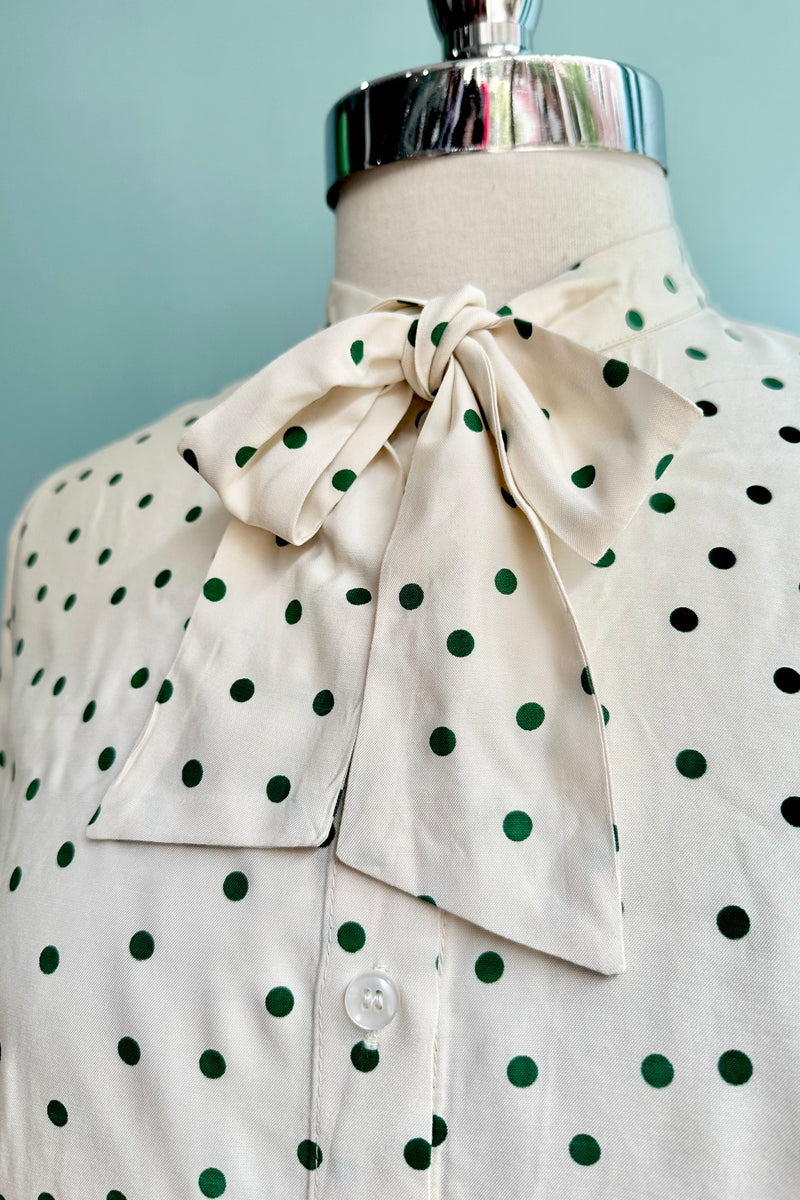 Ivory and Evergreen Polka-Dot Bow Blouse by Banned