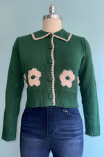 Green Contrast Knit Collared Cardigan