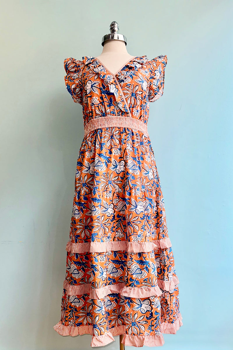 Orange and Blue Floral Ruffle Sleeve Midi Dress