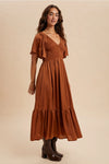 Sepia Smocked Satin Midi Dress