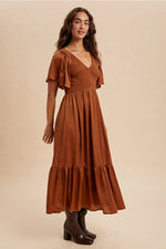 Sepia Smocked Satin Midi Dress