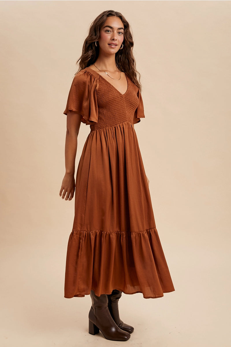 Sepia Smocked Satin Midi Dress