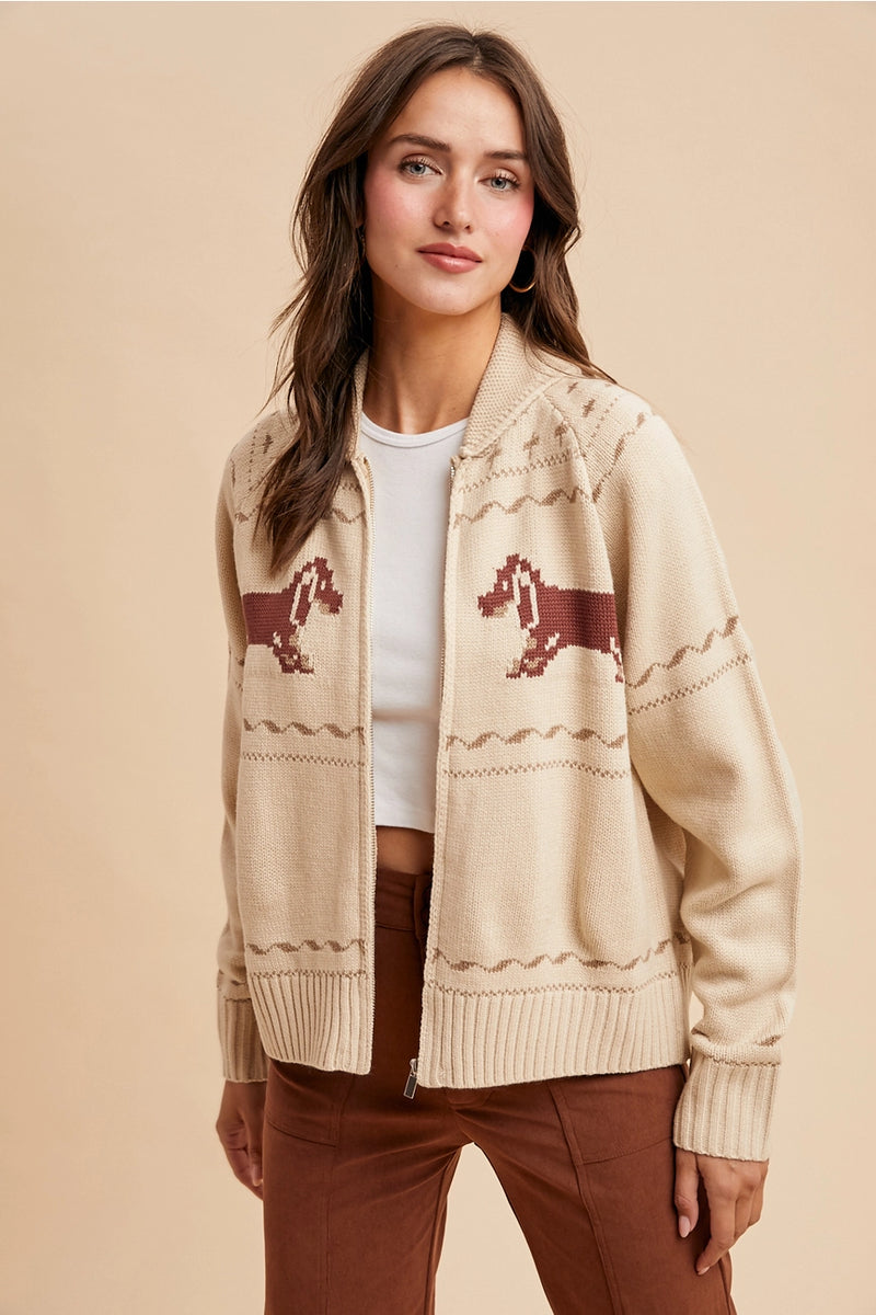 Dachshund Zip Front Cardigan in Ivory