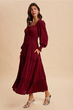 Gathered Square Neck Maxi Dress in Cherry