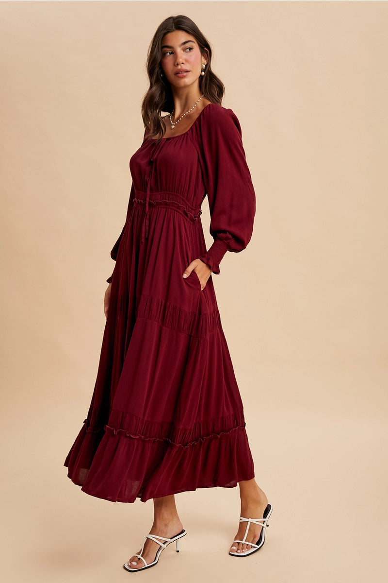 Gathered Square Neck Maxi Dress in Cherry