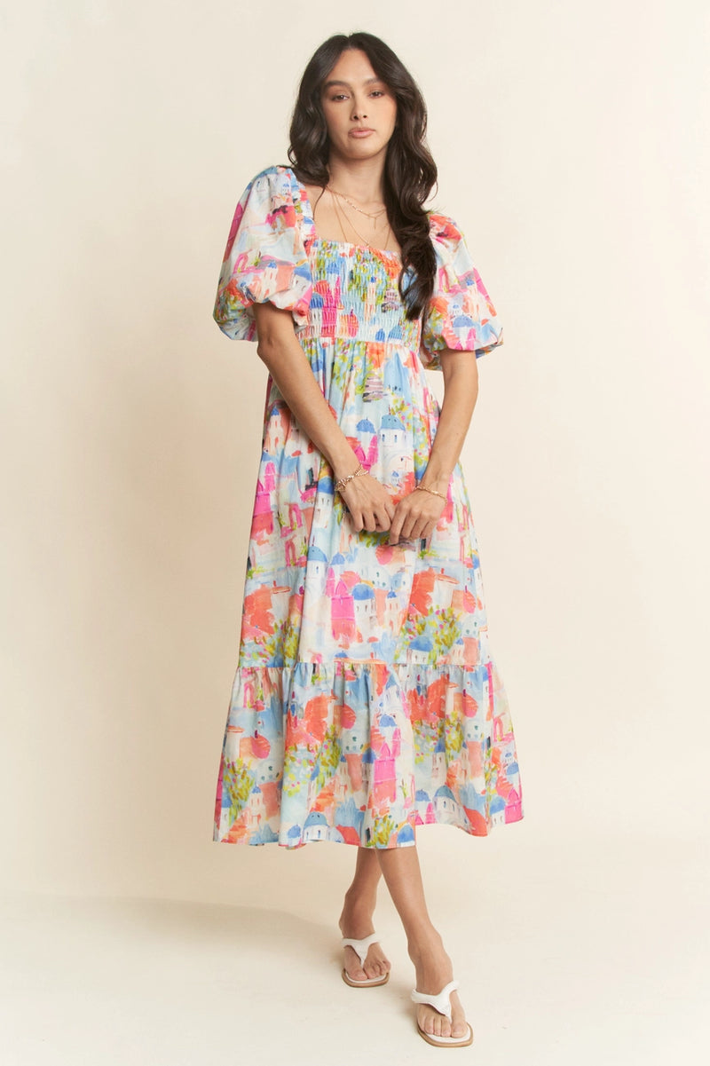 Countryside Balloon Sleeve Midi Dress