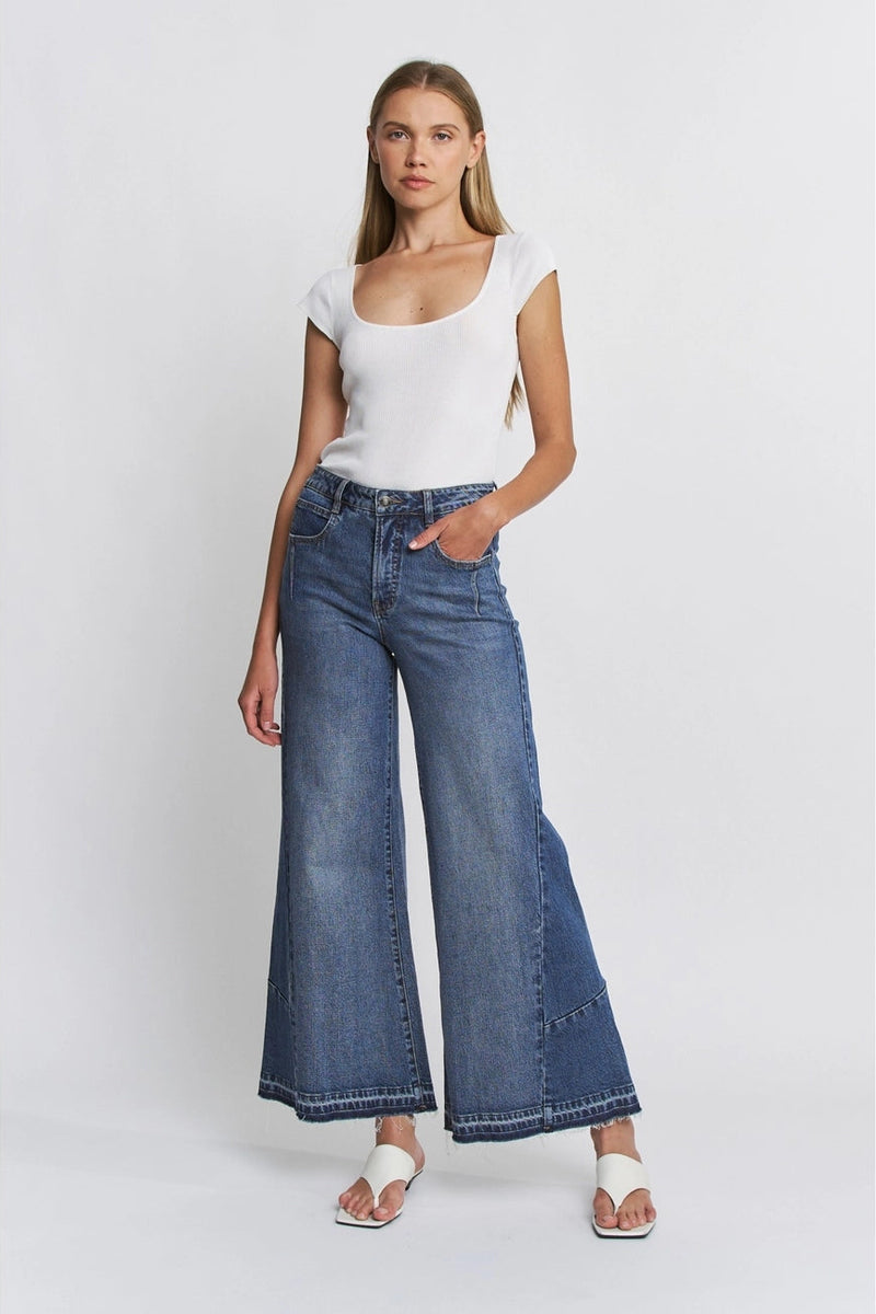 High Rise Tummy Tuck Wide Leg Contrast Panel Jeans by Mica Denim