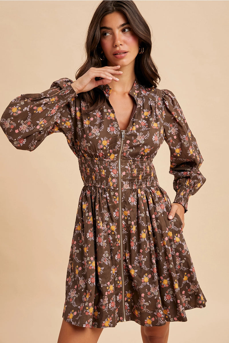 Zip Front Floral Mini Dress in Mocha