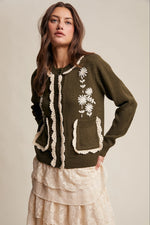 Olive Daisy Embroidered Trim Cardigan