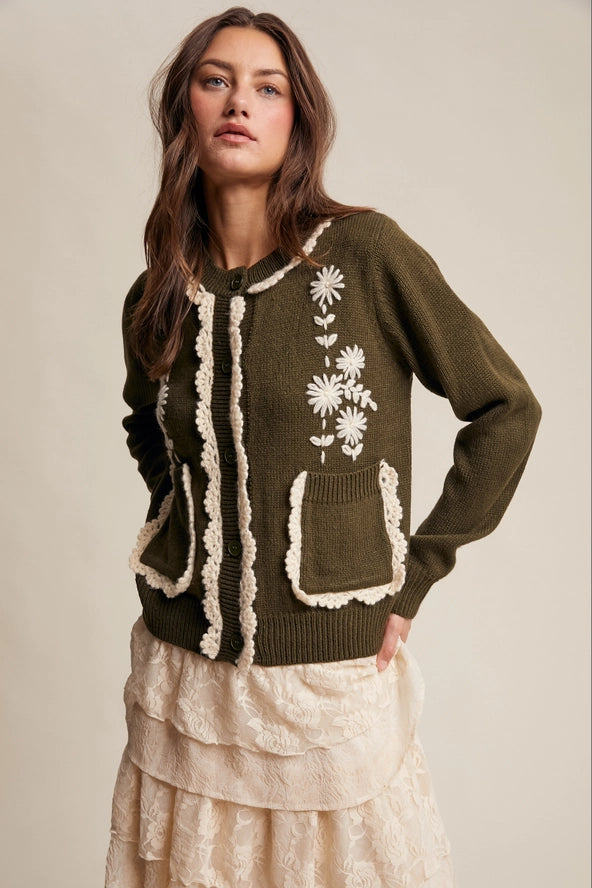 Olive Daisy Embroidered Trim Cardigan