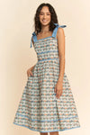 Cat Faces Tie Shoulder Smocked Midi Dress