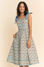 Cat Faces Tie Shoulder Smocked Midi Dress