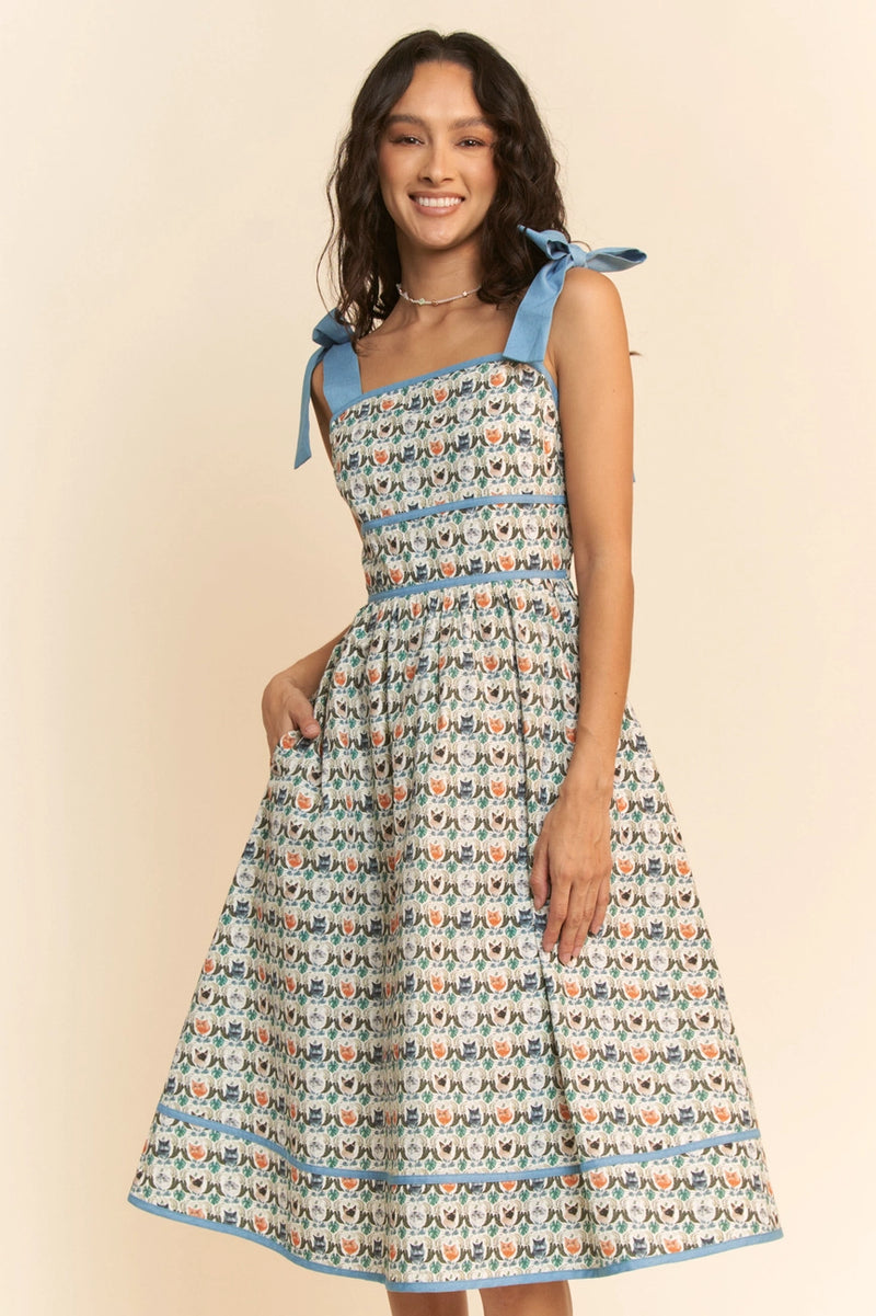 Cat Faces Tie Shoulder Smocked Midi Dress