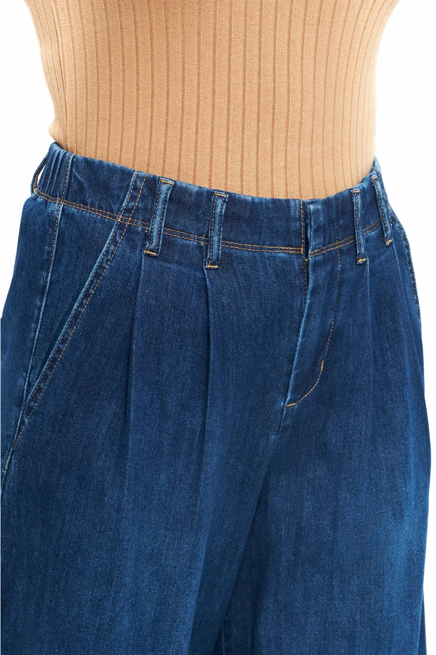 【Anyone more】Ile black blue pleated denim pants Chambray Pleated Wide Leg Jeans 32