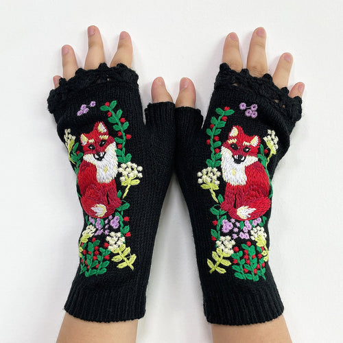 Embroidered Fox Fingerless Gloves