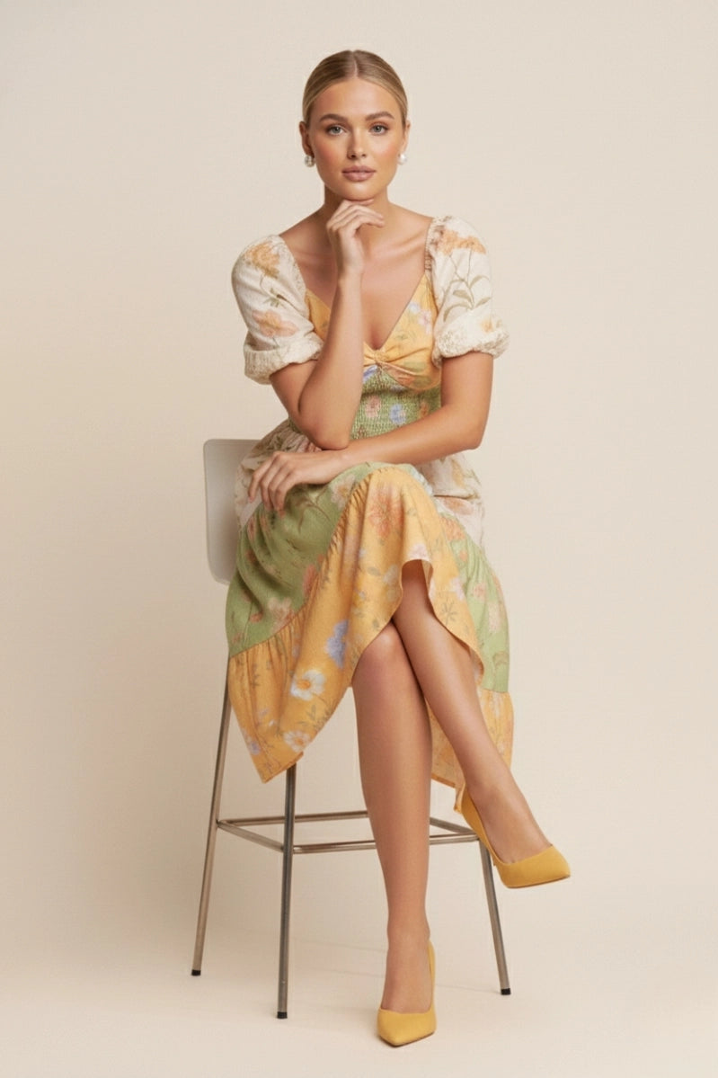 Garden Floral Puff Sleeve Midi Dress in Olive 2X-Large