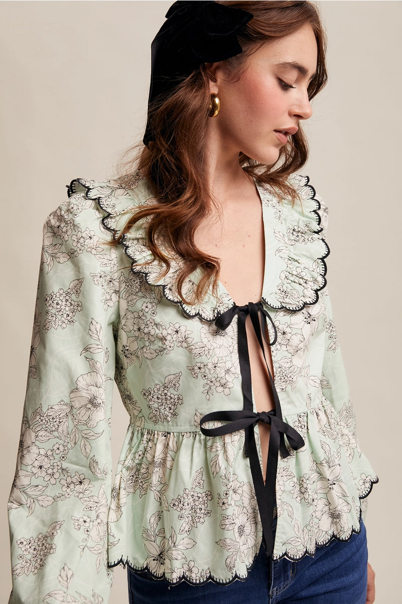 Mint Scalloped Tie Front Ruffle Blouse