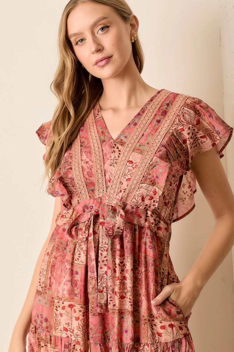 Pink Floral Ruffle Sleeve Midi Dress