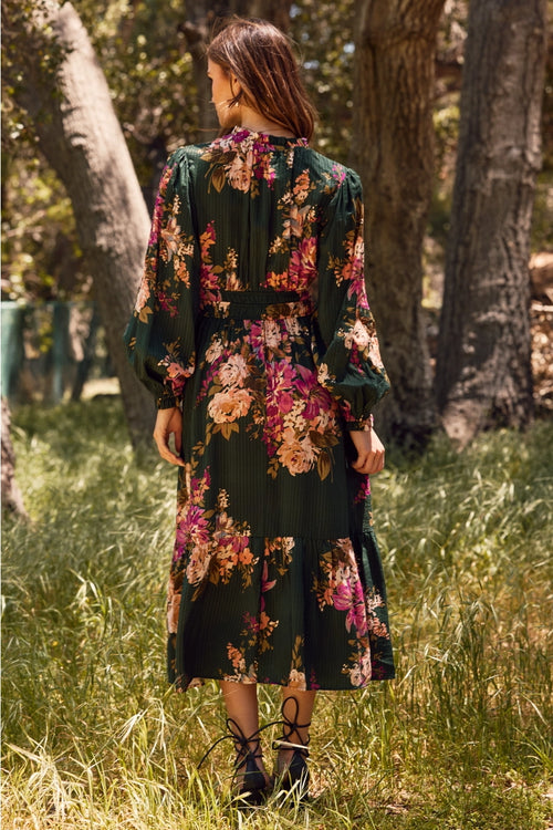 Emerald and Magenta Long Sleeve Midi Dress