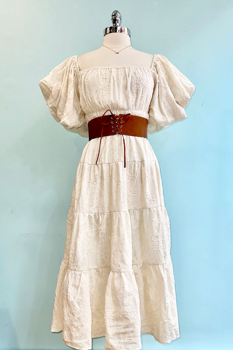 Cream Embroidered Puff Sleeve Midi Dress – Modern Millie
