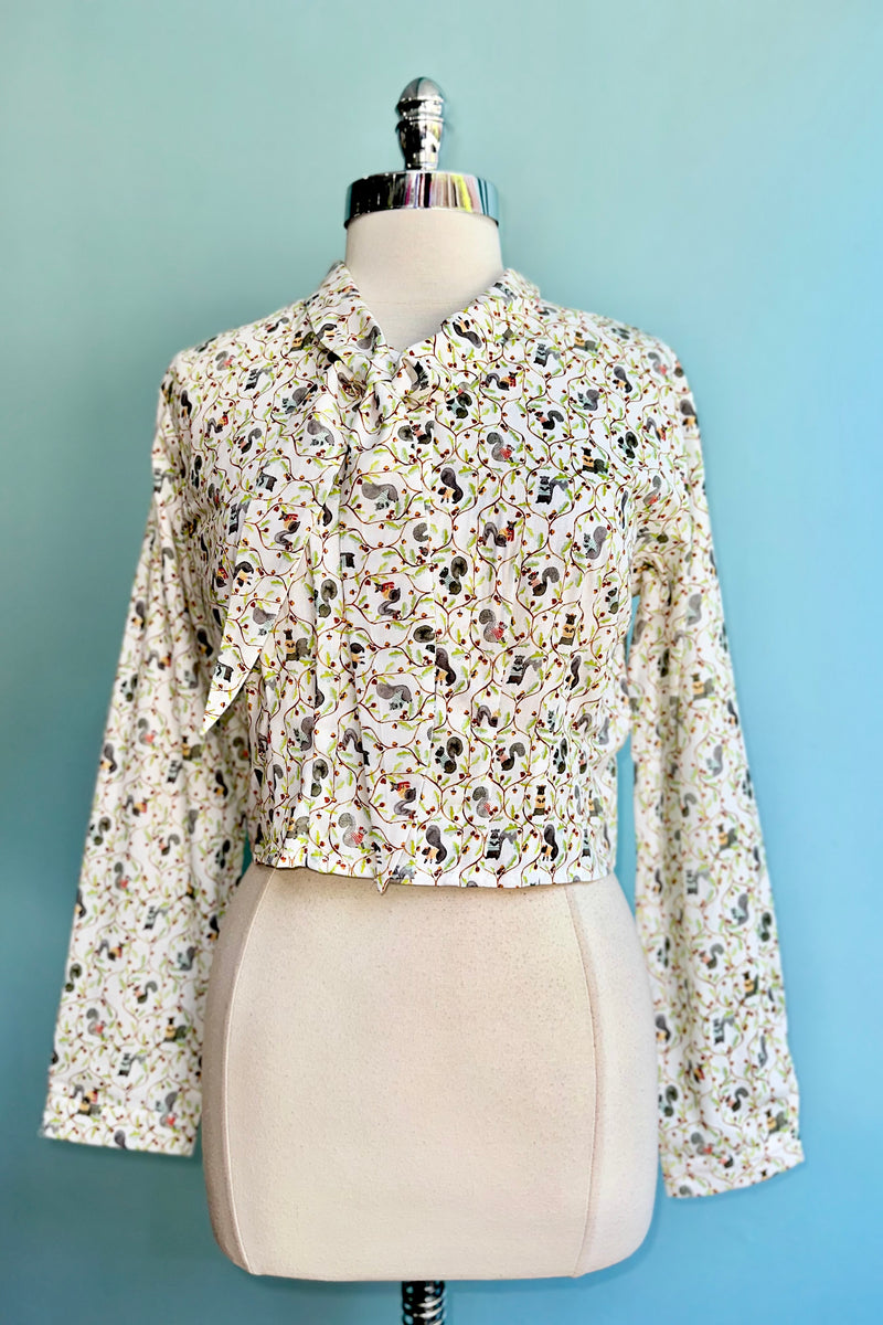 Squirrel and Acorns Button Down Cropped Top by Banned