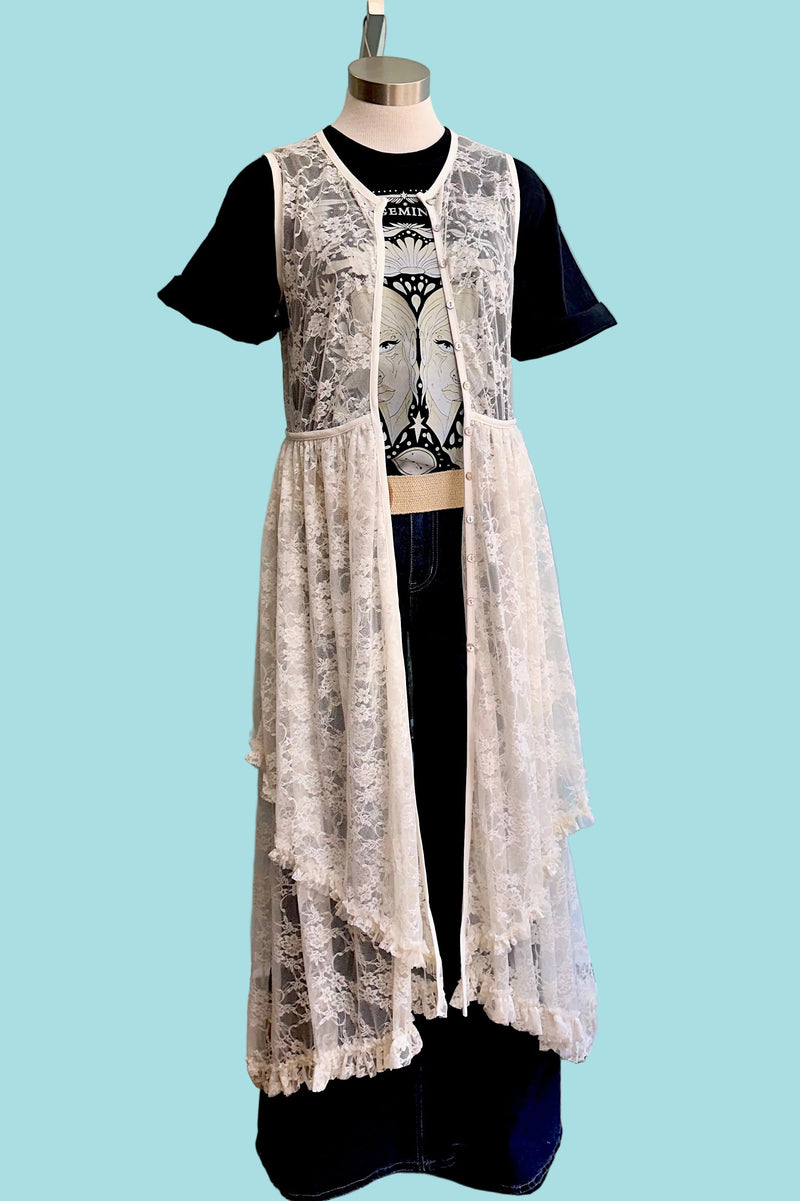 midi dress with duster Women's Bra-Free Button-Through Lace Duster Midi Dress in Black | Size M TALL