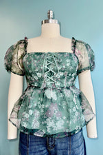Green Floral Lace-Up Puff Sleeve Top