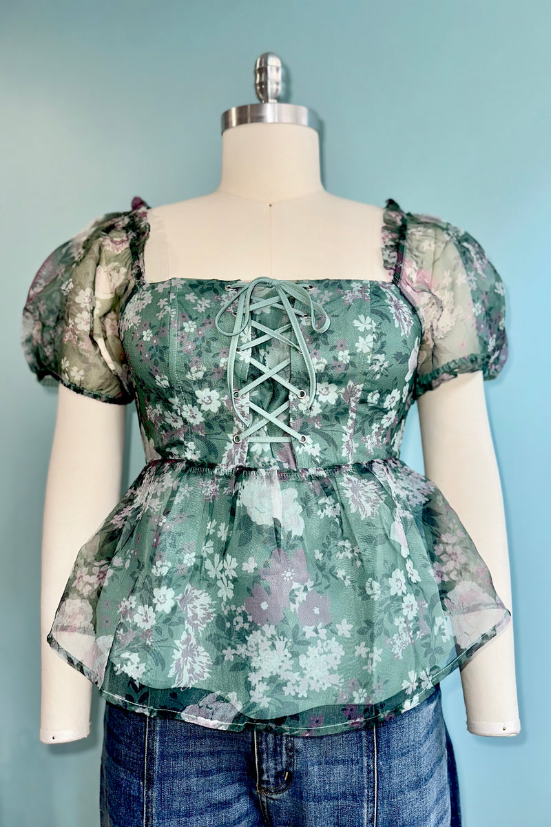Green Floral Lace-Up Puff Sleeve Top