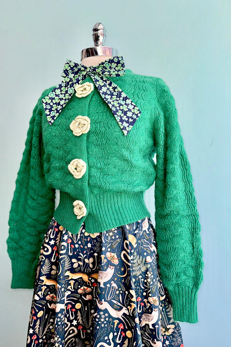 Green Knit Cardigan with Rosette Detail