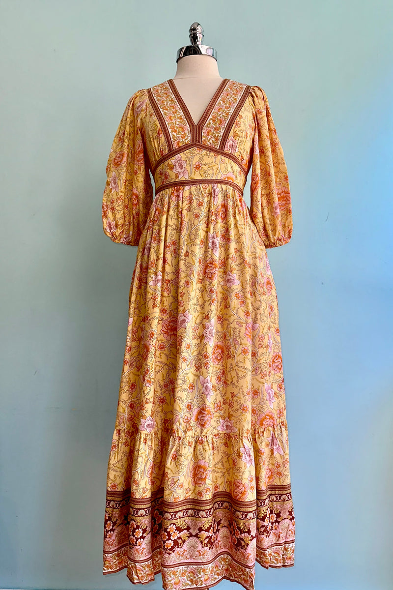 Gold Puff Sleeve Floral Maxi Dress Medium