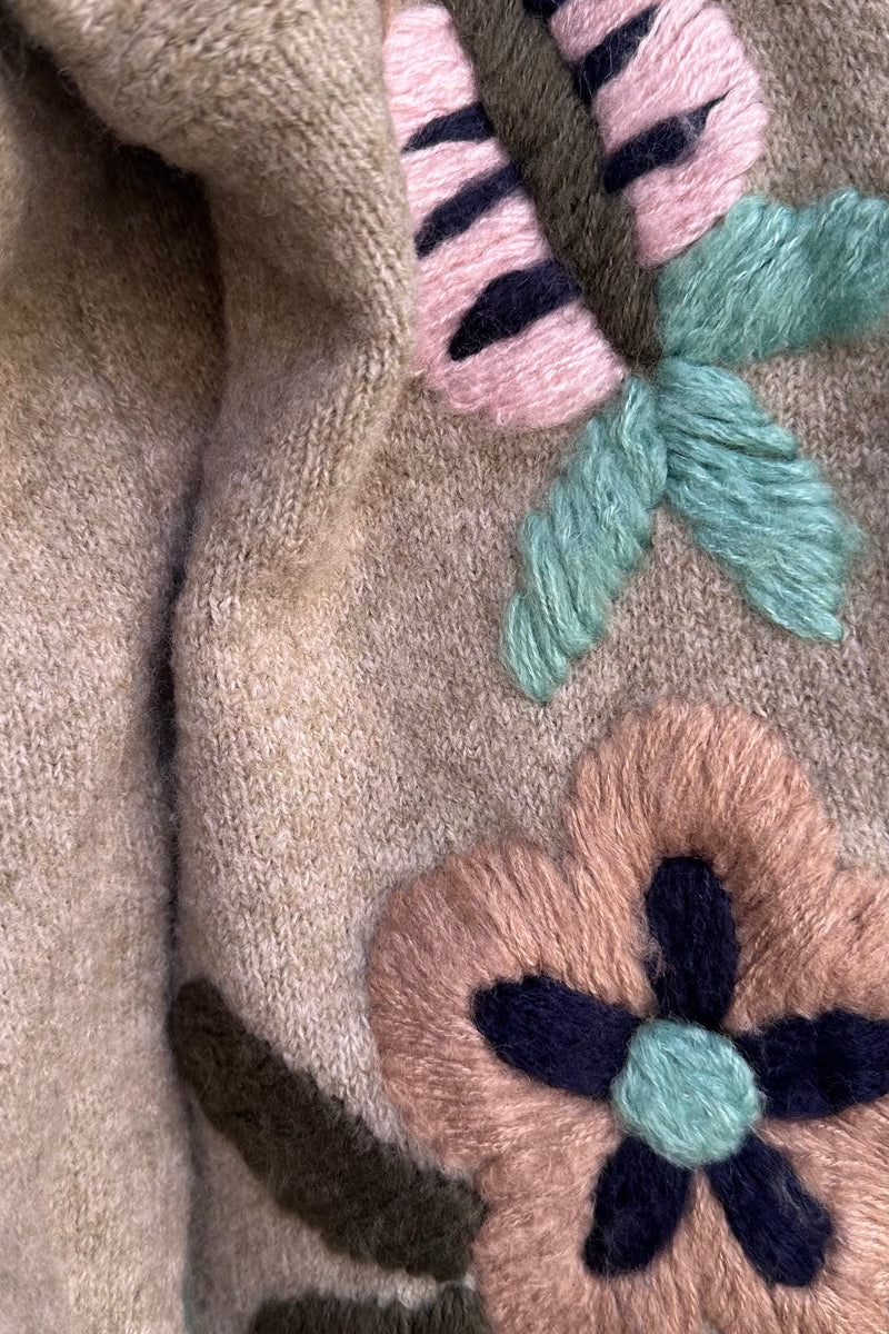 Floral Embroidered Pullover Sweater in Olive