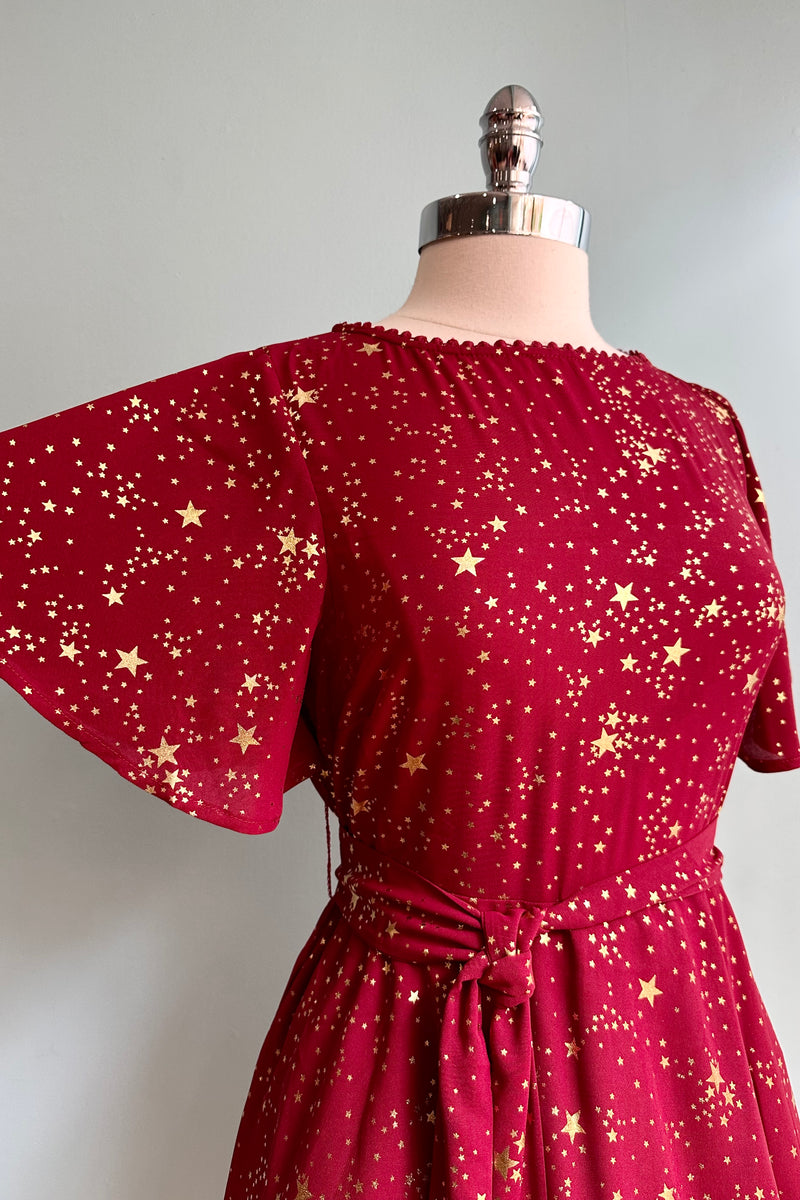 Red and Gold Star Flutter Sleeve Dress