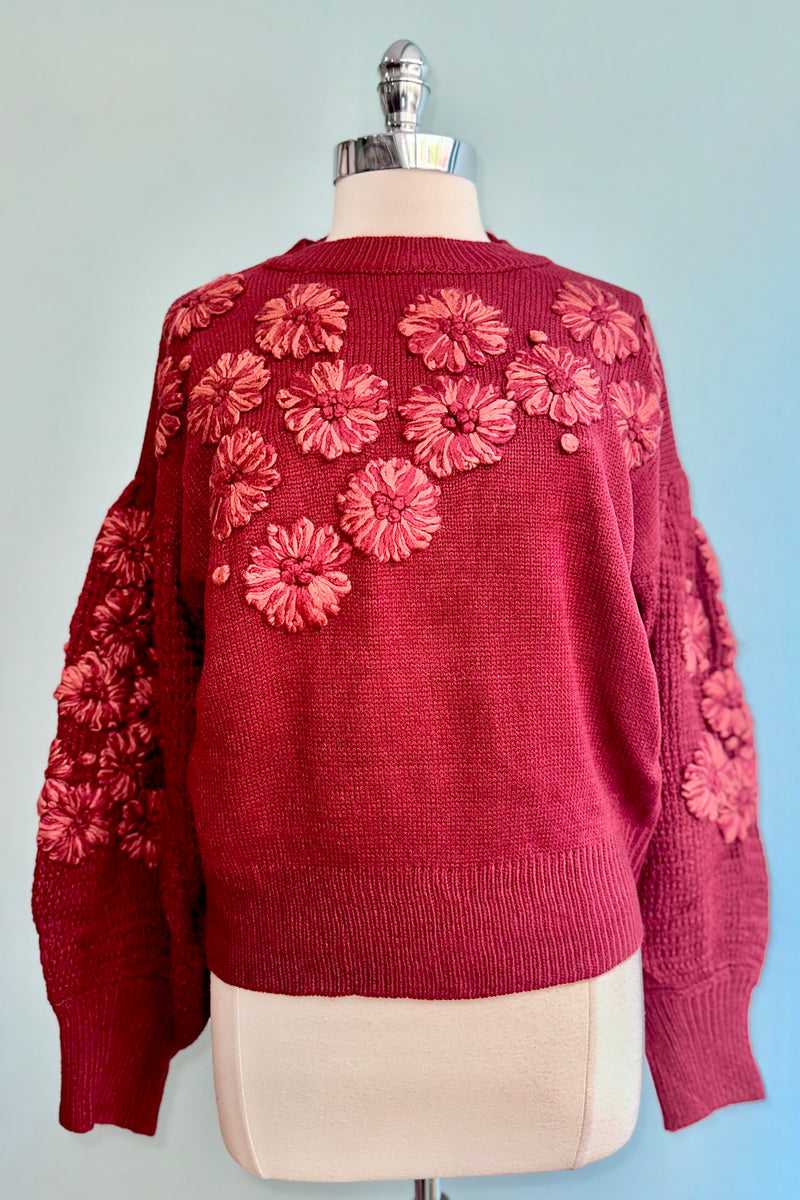 Crimson Embroidered Flower Detail Knit Sweater